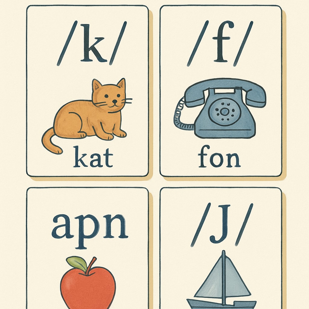 A close-up of ITA flashcards showing phonetic symbols and corresponding words such as Close-up of Initial Teaching Alphabet flashcards with phonetic spellings of words.