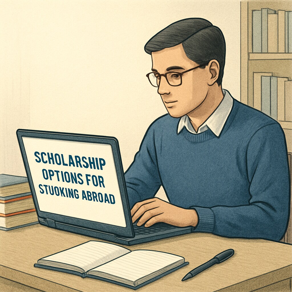 A finance student reviewing scholarship options for studying abroad on a laptop, highlighting the importance of informed study abroad choices. Finance student researching scholarships to study abroad on a laptop.