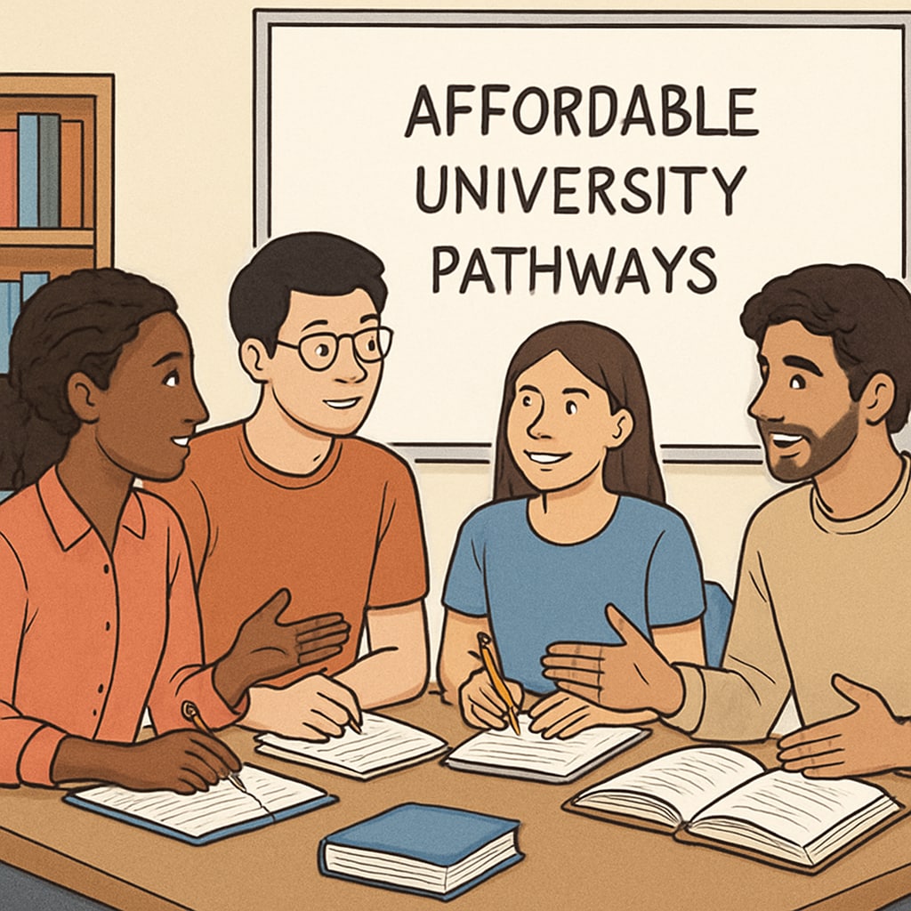 A group of diverse students in a classroom discussing affordable university pathways. The image reflects the article's focus on inclusion and education planning. Diverse students discussing affordable university pathways for AS-level qualifications.