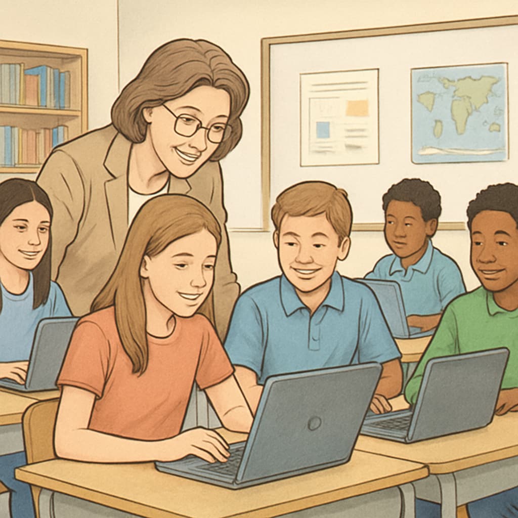 A teacher and students using laptops in a classroom, symbolizing the integration of digital resources in education. Classroom setting with students and teacher using laptops for educational purposes.