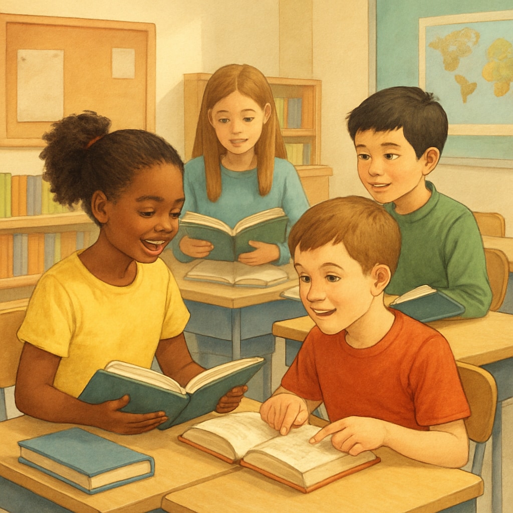 A group of fourth-grade students reading books together in a classroom setting. The image highlights an engaging and collaborative reading environment. Fourth-grade students reading books in a classroom to build reading interest.