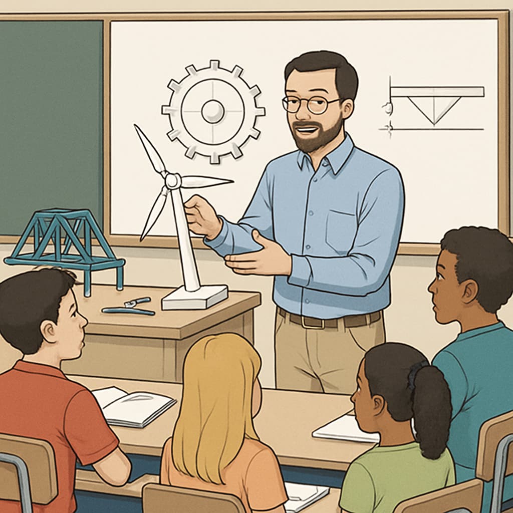 A classroom setting where an educator demonstrates an engineering project to high school students. An educator teaching engineering concepts to students, showcasing dual-degree relevance.
