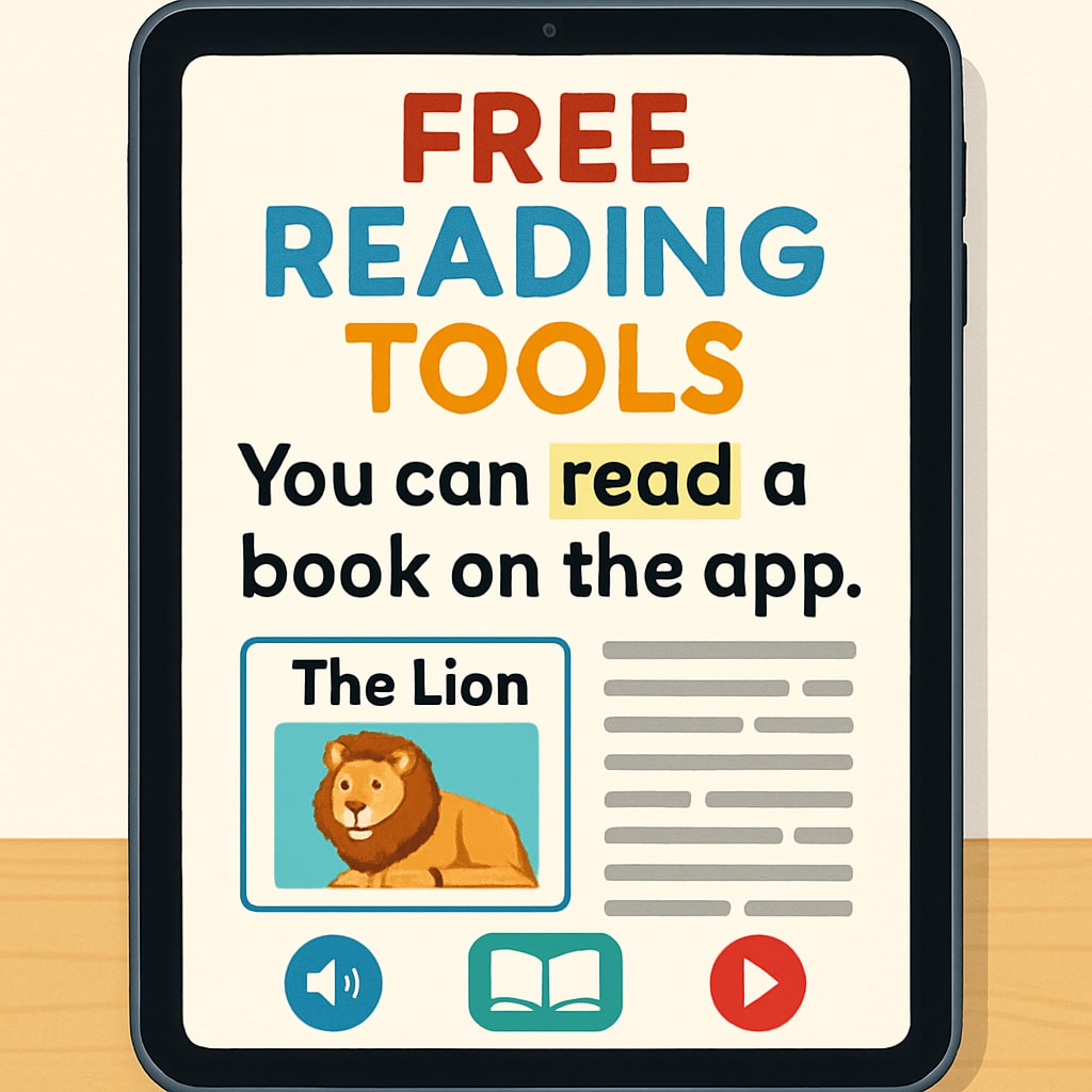 An interactive digital reading app displayed on a tablet with colorful text and images. The image emphasizes the modern, engaging nature of free reading tools. A tablet showing a digital reading app designed for comprehension tests.