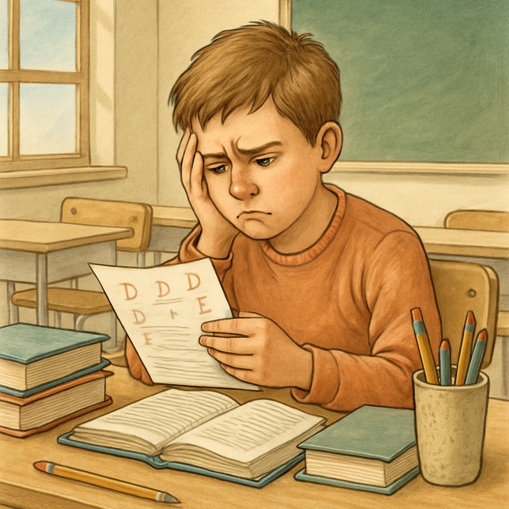 A frustrated student in a classroom reviewing their grades, symbolizing the challenges of academic appeals in K12 education. Frustrated student reviewing grades in K12 education appeals process.