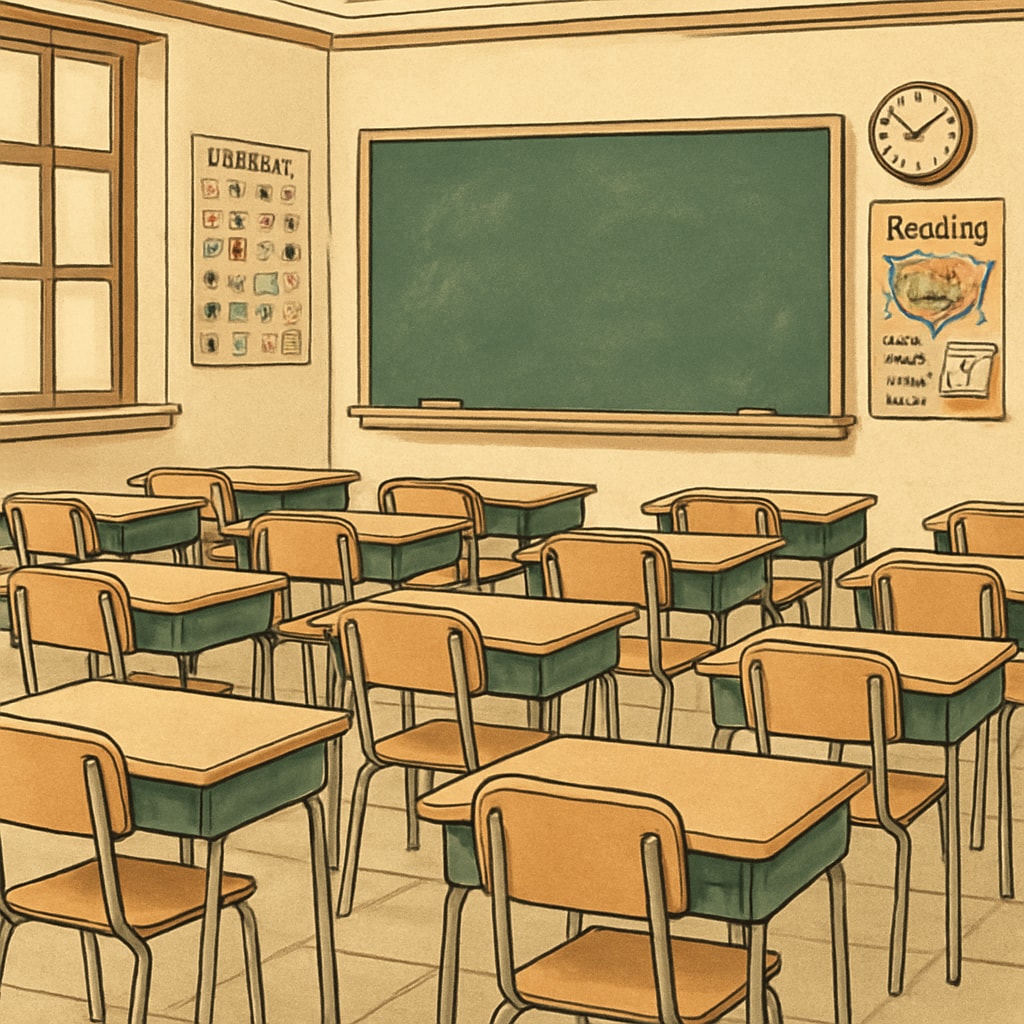 A classroom with empty desks in a public school, symbolizing challenges faced by public schools due to declining enrollment. Empty desks in a public school classroom representing funding and enrollment challenges due to education vouchers.