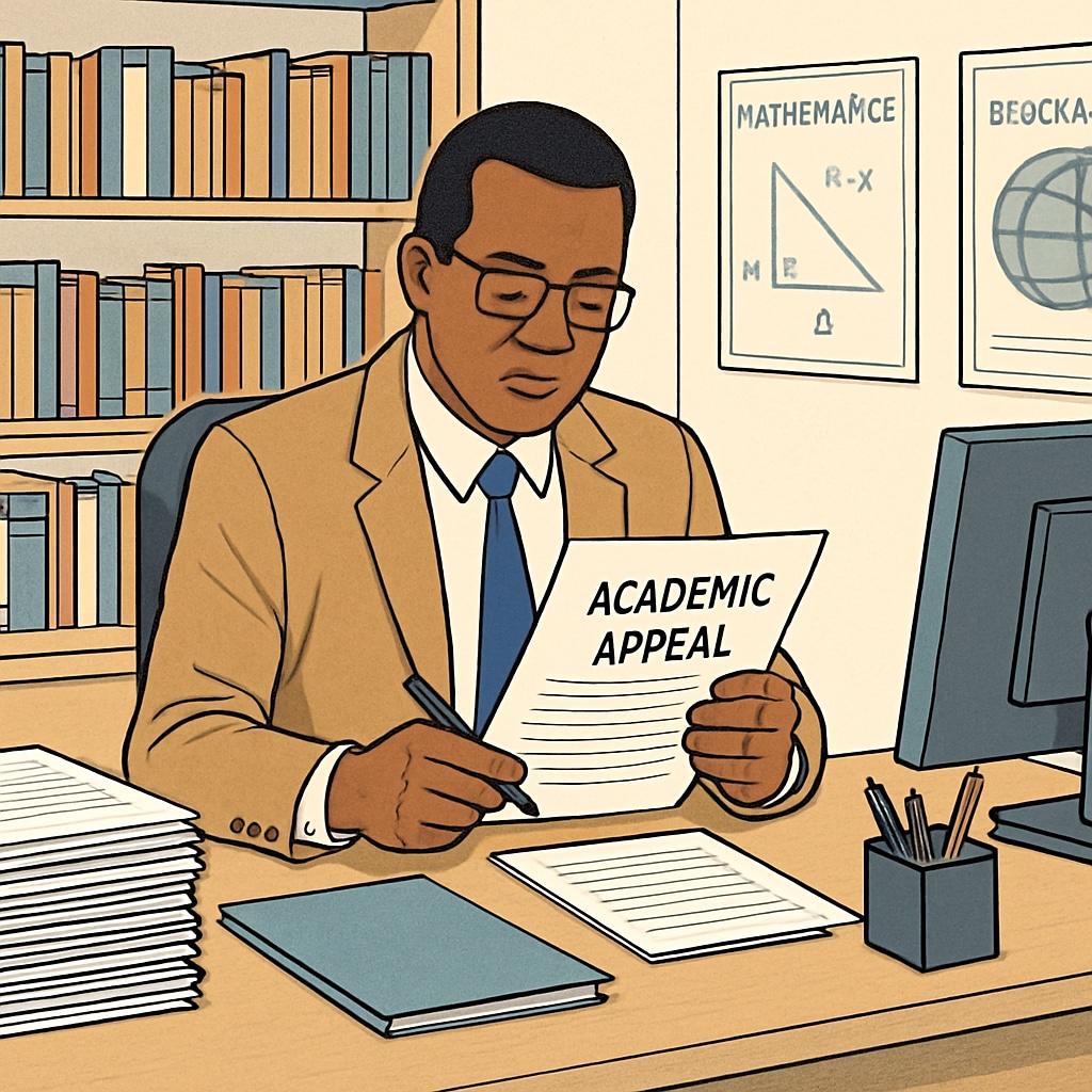 A school administrator reviewing academic appeal documents, representing the bureaucracy involved in grade disputes. School administrator handling academic grade disputes in K12 education.