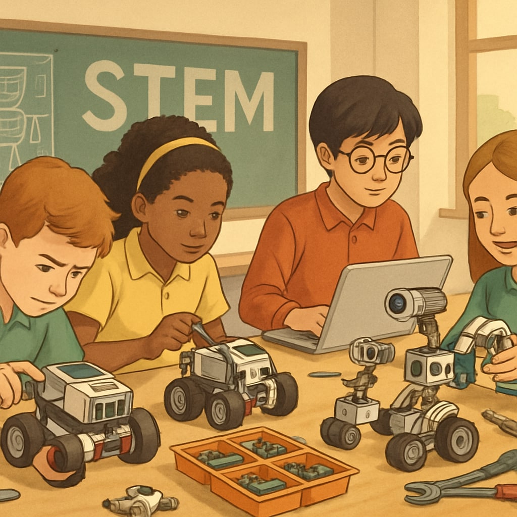 A group of students participating in a robotics workshop, showcasing the potential of specialized STEM programs in public schools. Public school students engaging in a STEM robotics workshop to highlight innovative programs.