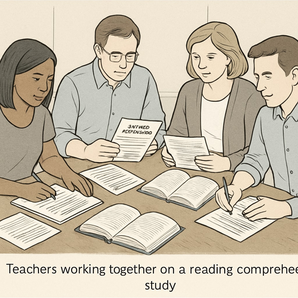 A group of teachers collaborating on a reading comprehension study, with research documents and text samples spread across a table. Teachers discussing text complexity during a literacy research session.