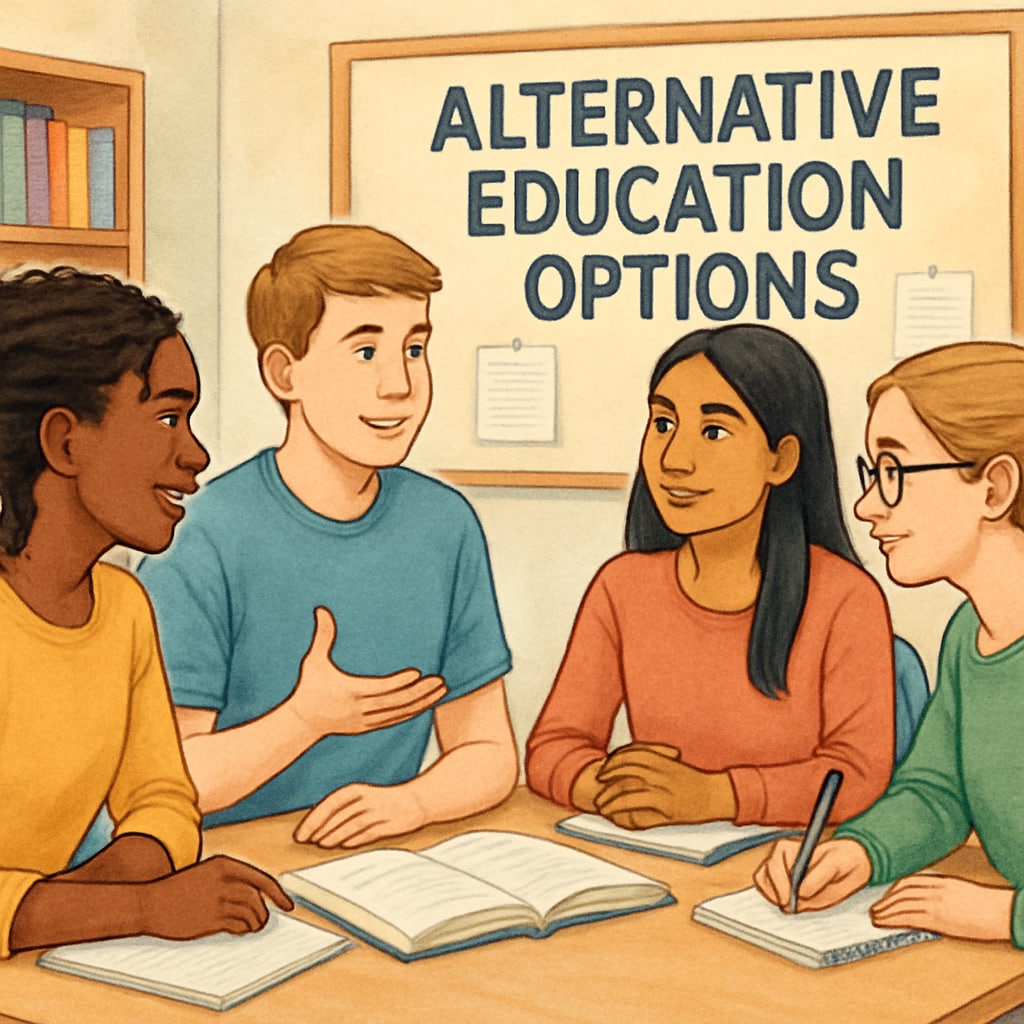 A diverse group of students discussing alternative education options, fostering a supportive and inclusive environment. Students explore alternative education options to overcome GCSE result concerns.