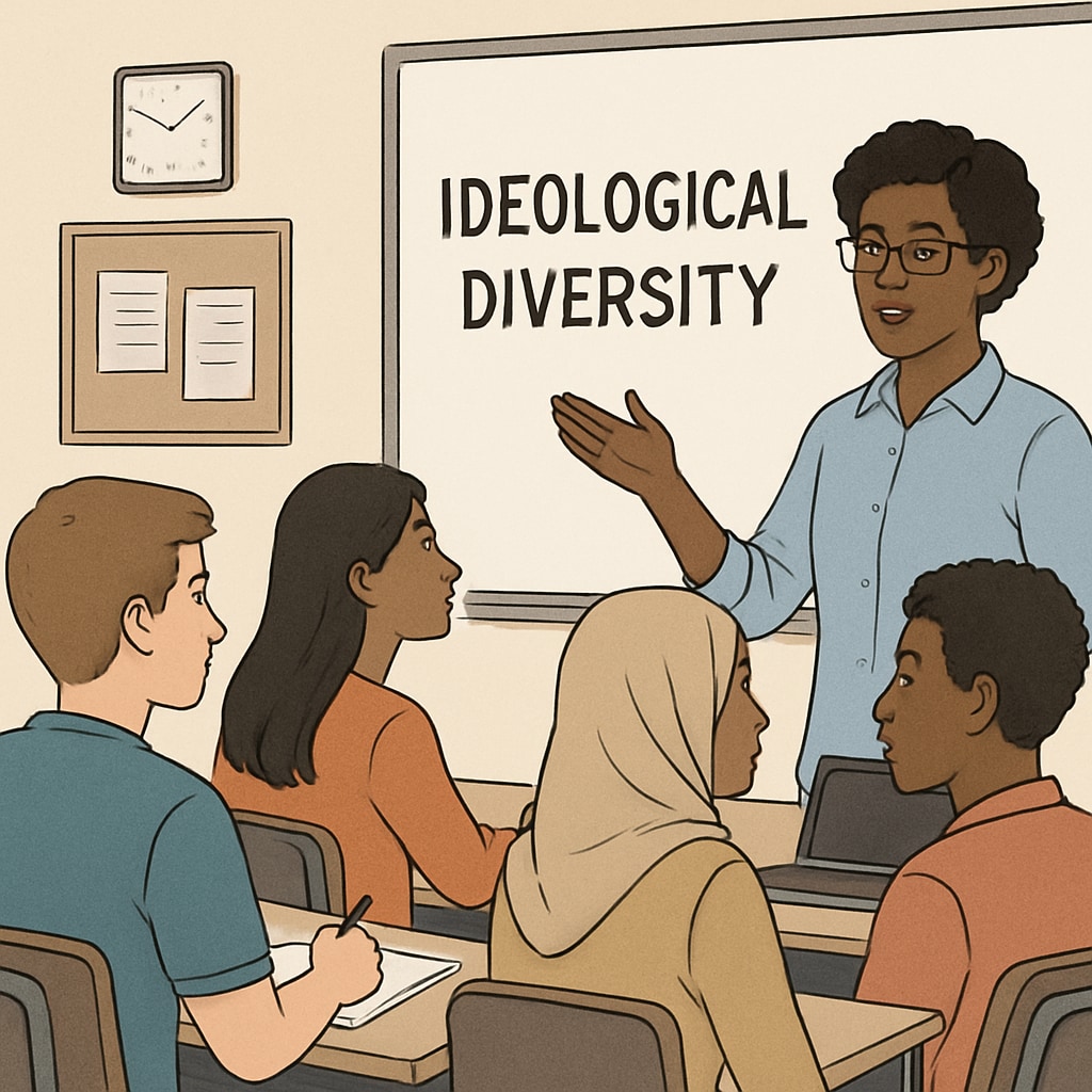 A classroom with diverse students and a teacher, symbolizing the importance of ideological diversity in education. A classroom scene with a teacher and students, emphasizing ideological diversity in education.