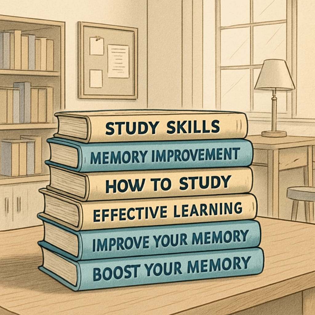A stack of books with titles related to study methods and memory improvement, placed on a wooden table in a study room. Books about study methods and memory retention on a wooden table.