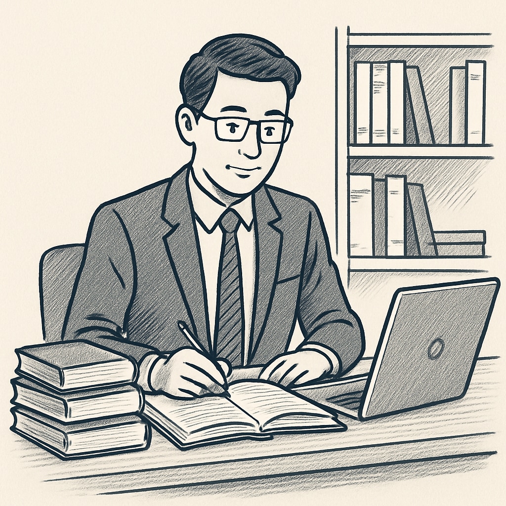 Professional studying with books and laptop, highlighting master's degree and time management.