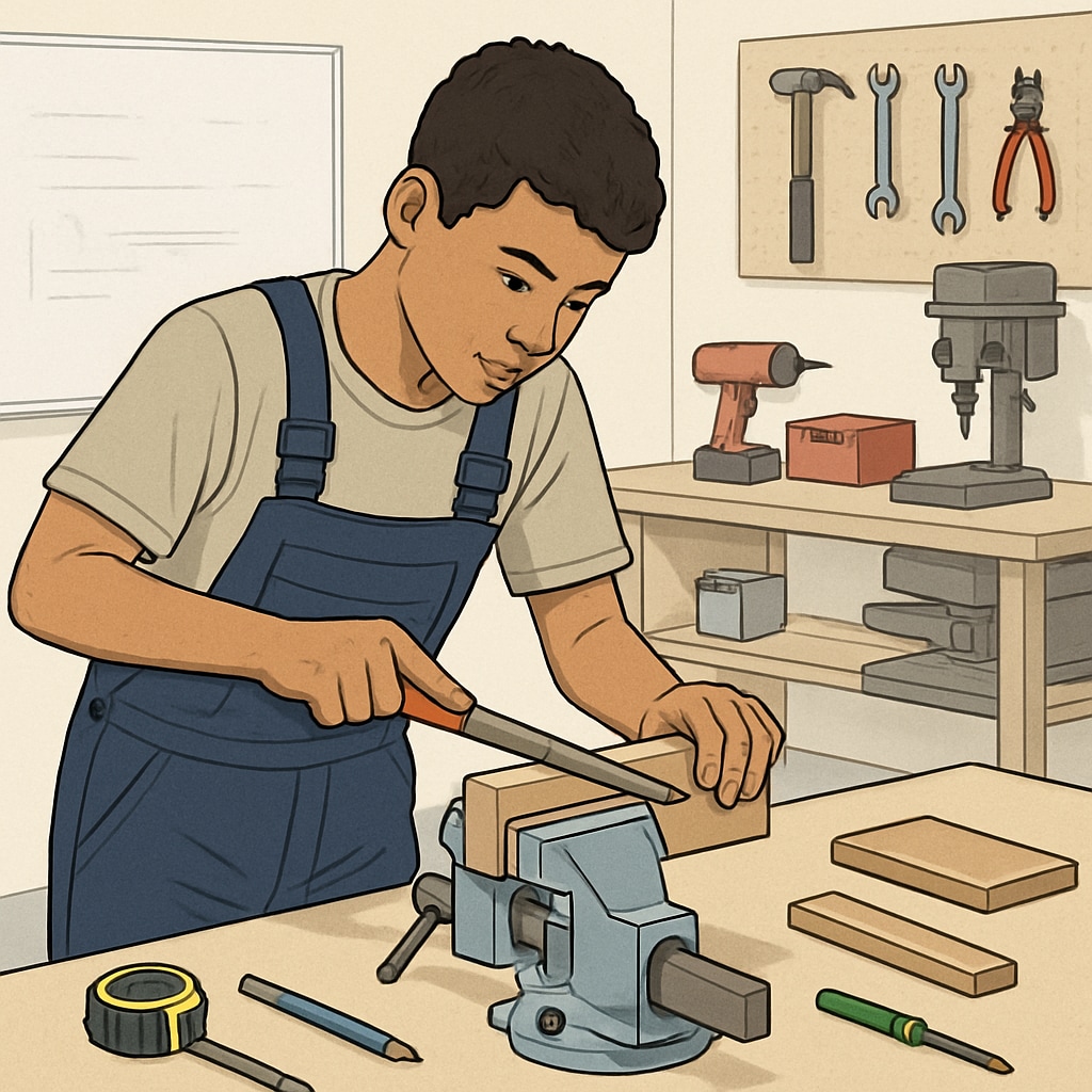 A student working on a vocational project, demonstrating hands-on learning as part of a BTEC course. A student engaged in BTEC coursework as an alternative to GCSE-focused education.
