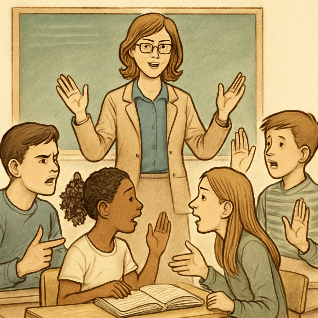 A teacher engaging with students in a debate, representing the importance of exposure to diverse viewpoints. A teacher engaging students in a classroom debate, highlighting the value of diverse perspectives in education.
