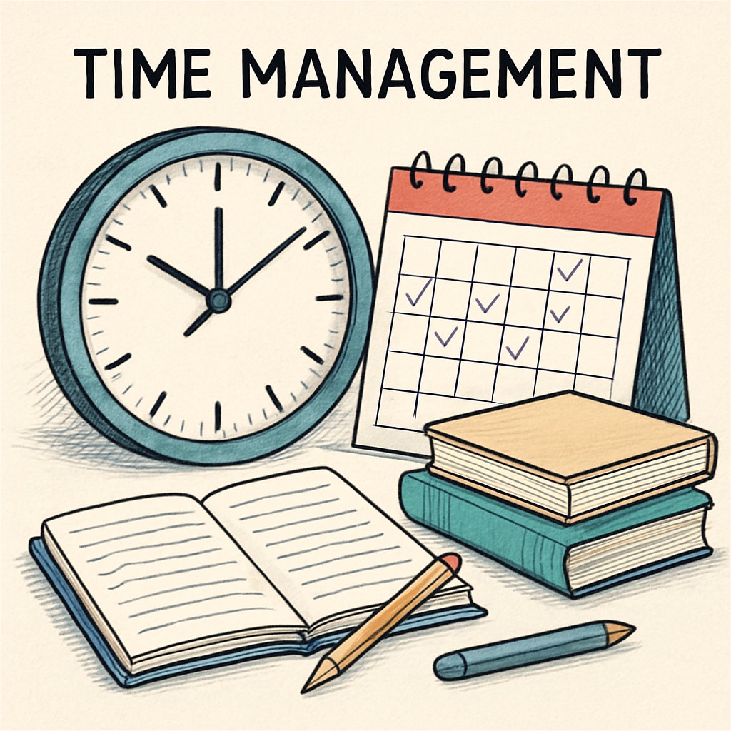Clock, calendar, and study materials representing time management for master's degree.
