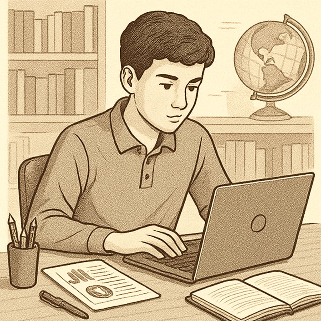A high school student working on a laptop, researching topics related to business and finance. A student researching affordable online bachelor’s degrees in business and finance.