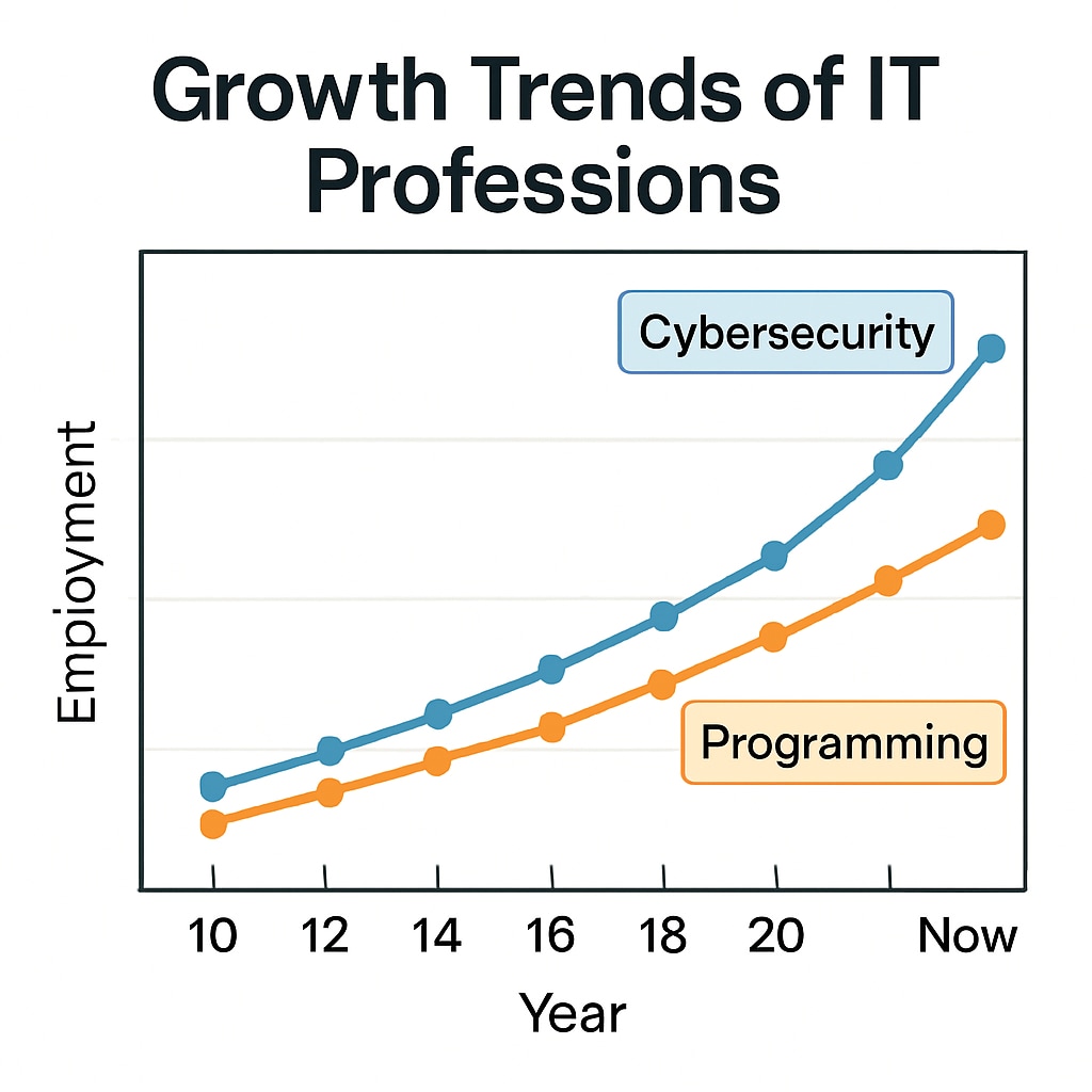 A graph showing the growth trends of IT professions like cybersecurity and programming over the last decade. IT career growth trends graph for university freshmen exploring options.