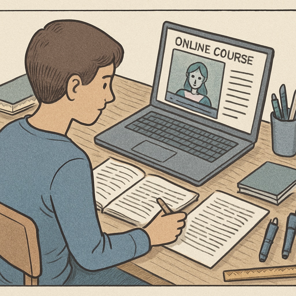 A student sitting at a desk while using a laptop to take an online course, with notes and books around them. A student using a laptop to access extracurricular learning resources.