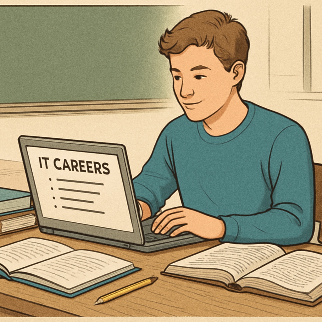 An 18-year-old university student exploring IT career options on a laptop. University student researching IT career choices on a laptop.