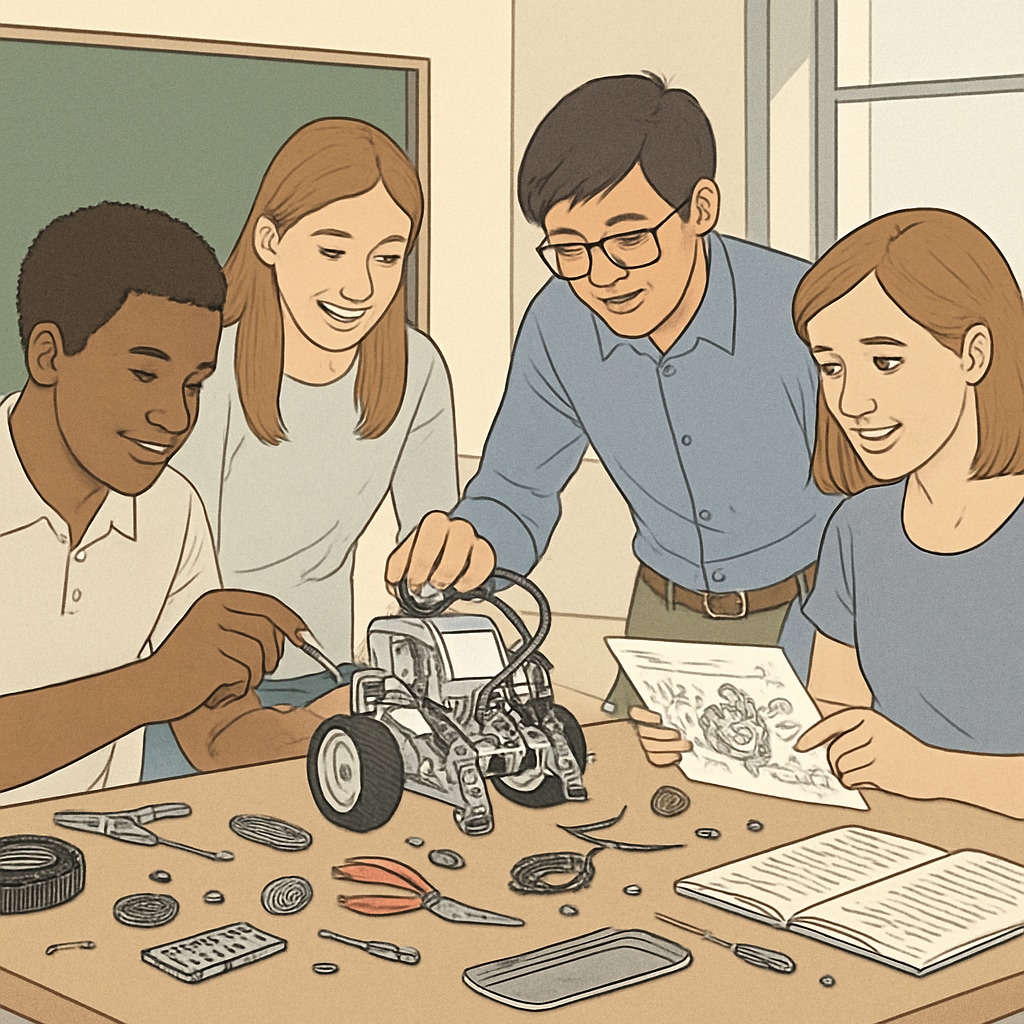 A group of students participating in a robotics workshop, collaborating and building a robot together. High school students engaging in a hands-on robotics workshop.
