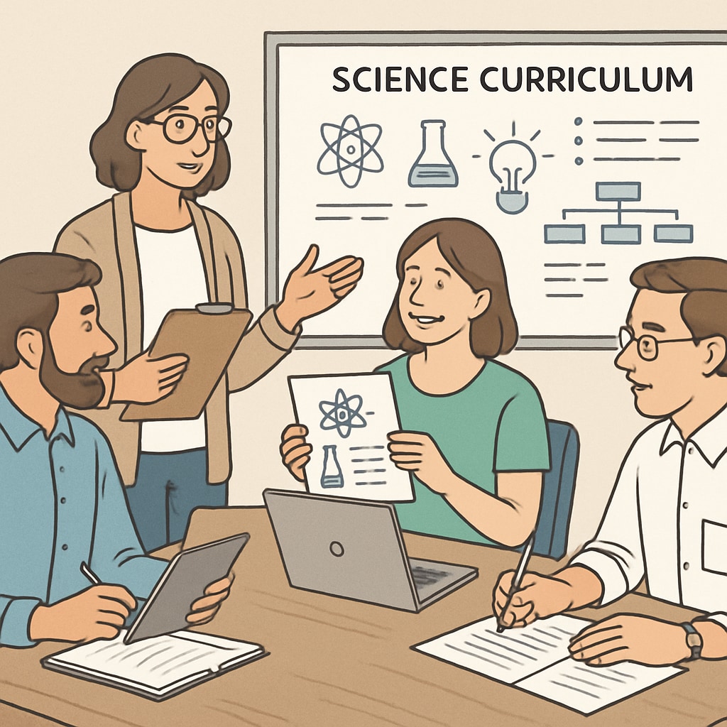 A group of educators collaborating in a workshop, discussing science curriculum ideas. Educators discussing OpenSciEd middle school science curriculum in a workshop.