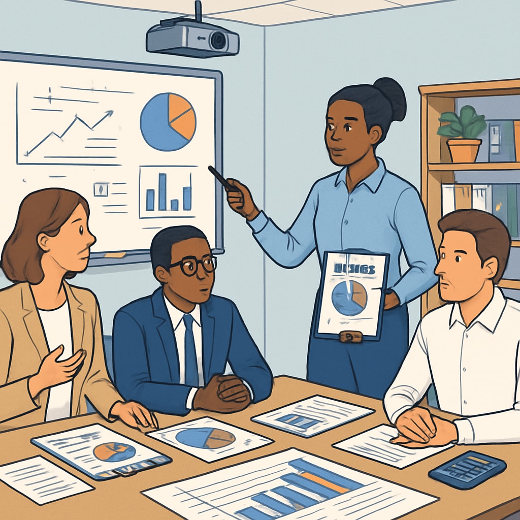 A modern classroom with professional staff discussing data analytics and budget planning. Classroom with staff analyzing education data and budgets.