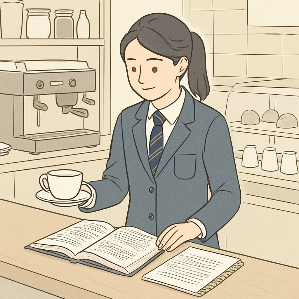 A high school student working at a café, demonstrating the balance between work and studies. High school student working part-time while balancing studies.