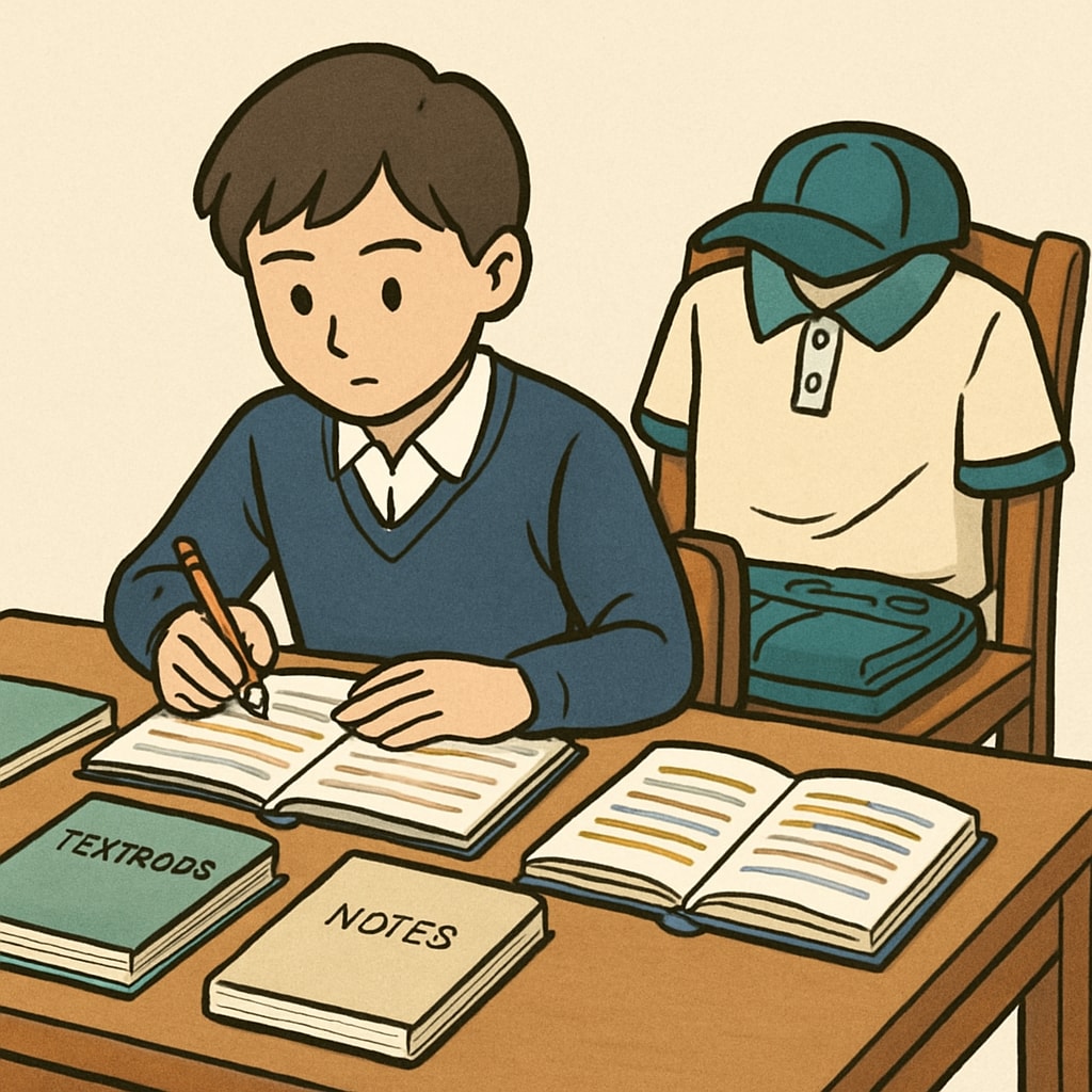 A student studying at their desk with their part-time job uniform nearby, symbolizing the balance between academics and work. Student balancing academics and a part-time job.