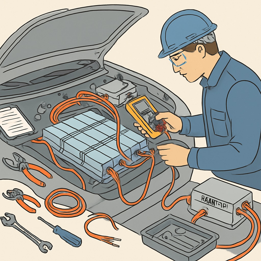 A high-resolution image of an automotive engineer working on an electric vehicle battery system. The image should feature tools and components related to EV battery technologies. Automotive engineer working on EV battery system, showcasing electrical knowledge in the automotive industry.
