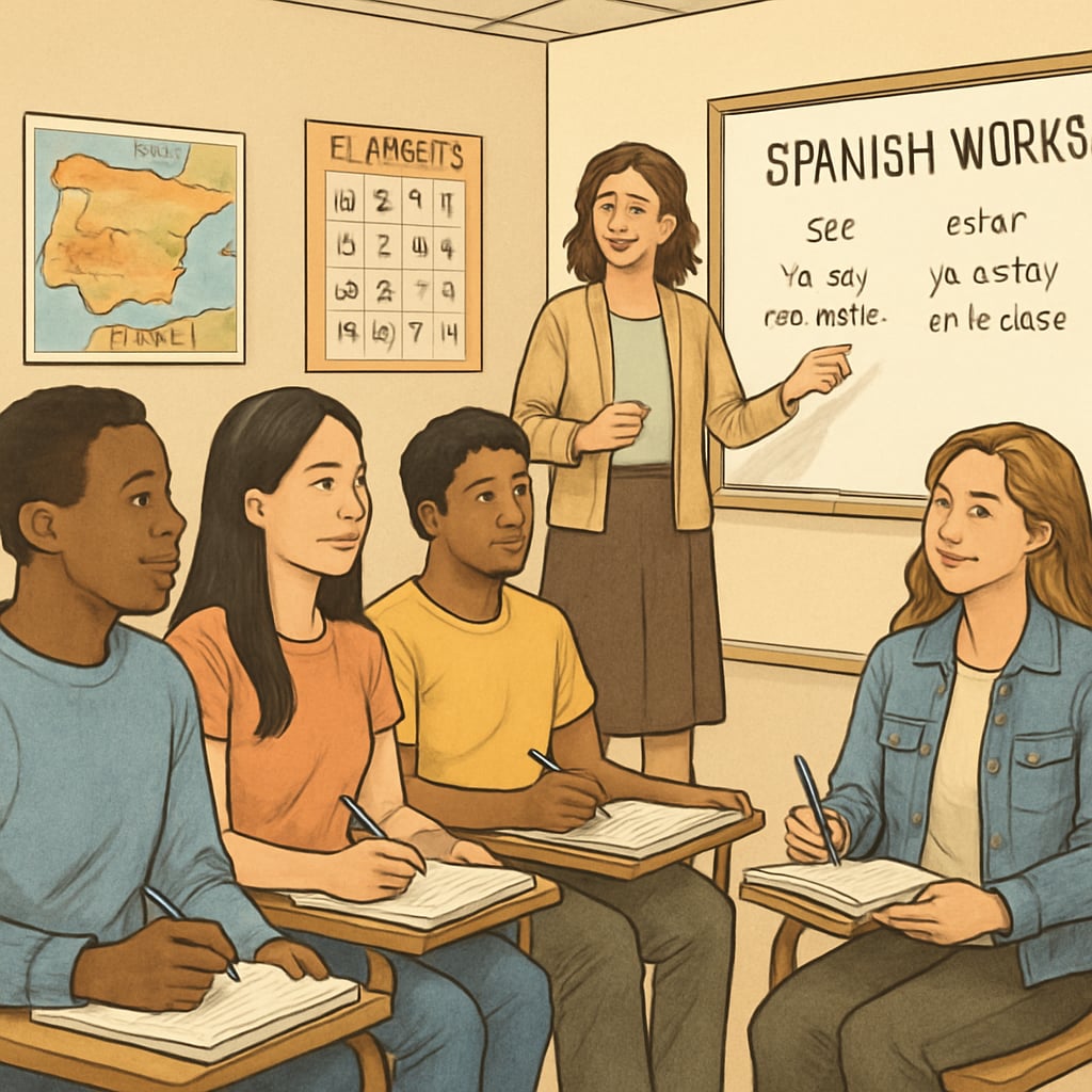 A group of international students attending a Spanish language workshop in a classroom setting. International students learning Spanish to prepare for studying in Spain.