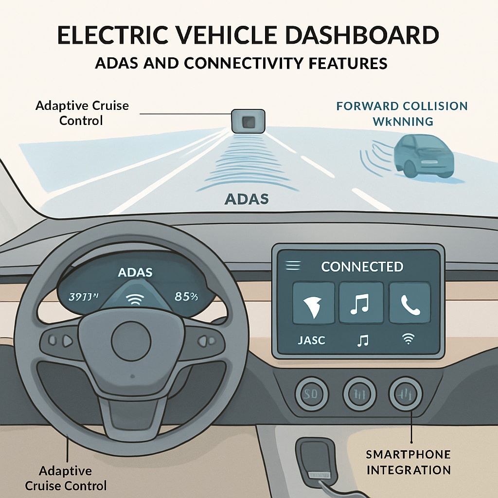 A close-up image of an electric vehicle dashboard showcasing advanced driver-assistance systems (ADAS) and connectivity features. The image emphasizes the role of electrical systems in smart vehicles. Electric vehicle dashboard with ADAS and connectivity features, highlighting electrical knowledge applications.