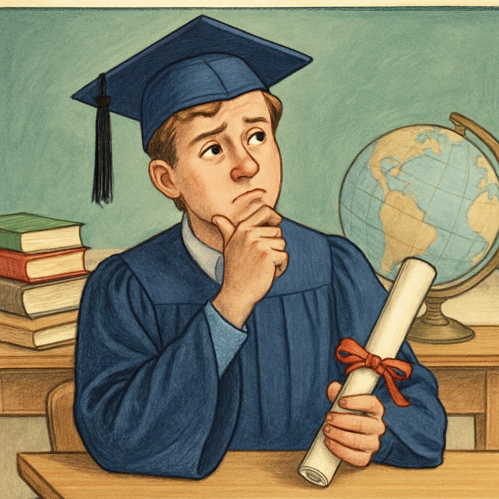 A high school graduate holding a corrective diploma, looking contemplative about the future. Corrective diploma holder considering future pathways.
