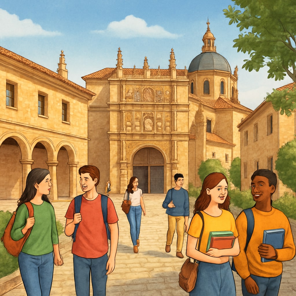 A university campus in Spain with students walking between classes, surrounded by historic architecture. Students on a Spanish university campus, experiencing academic and cultural life.