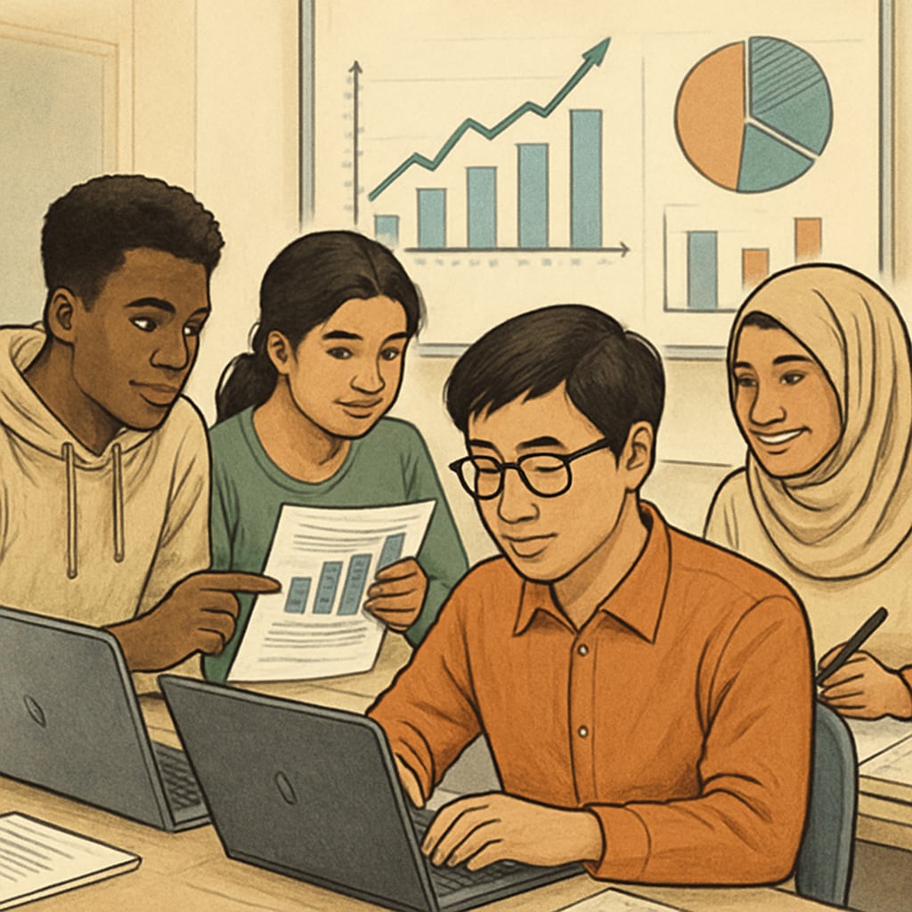 International students working together on data science, showcasing diversity in education.