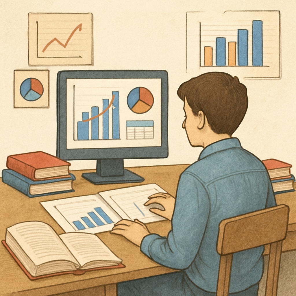 Student examining data for a project, highlighting data science expertise.