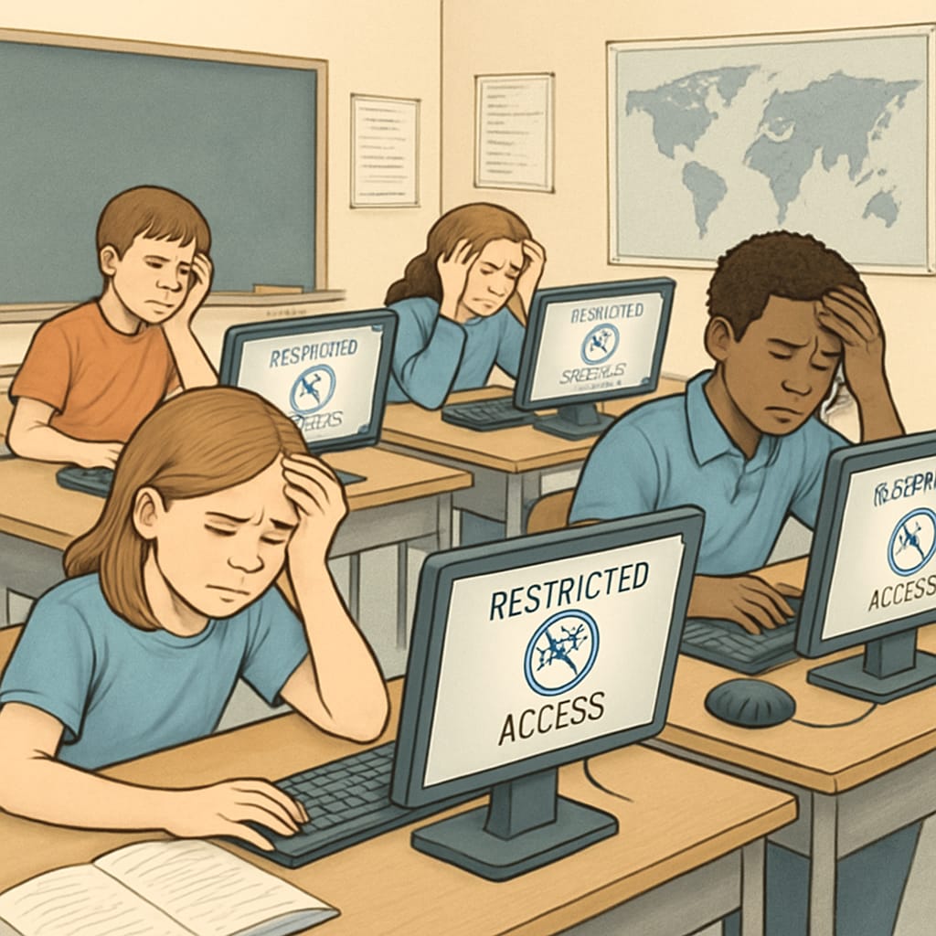 A classroom of K12 students working on computers with visible frustration due to restricted internet access. The image highlights challenges in accessing online educational resources. K12 students facing internet access challenges due to content restrictions