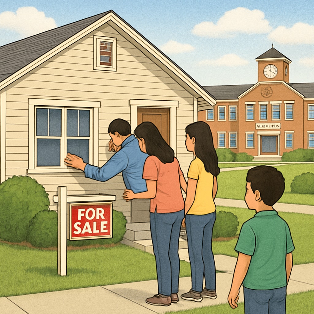 Family viewing a home in a top-rated school district, highlighting education quality and real estate values.