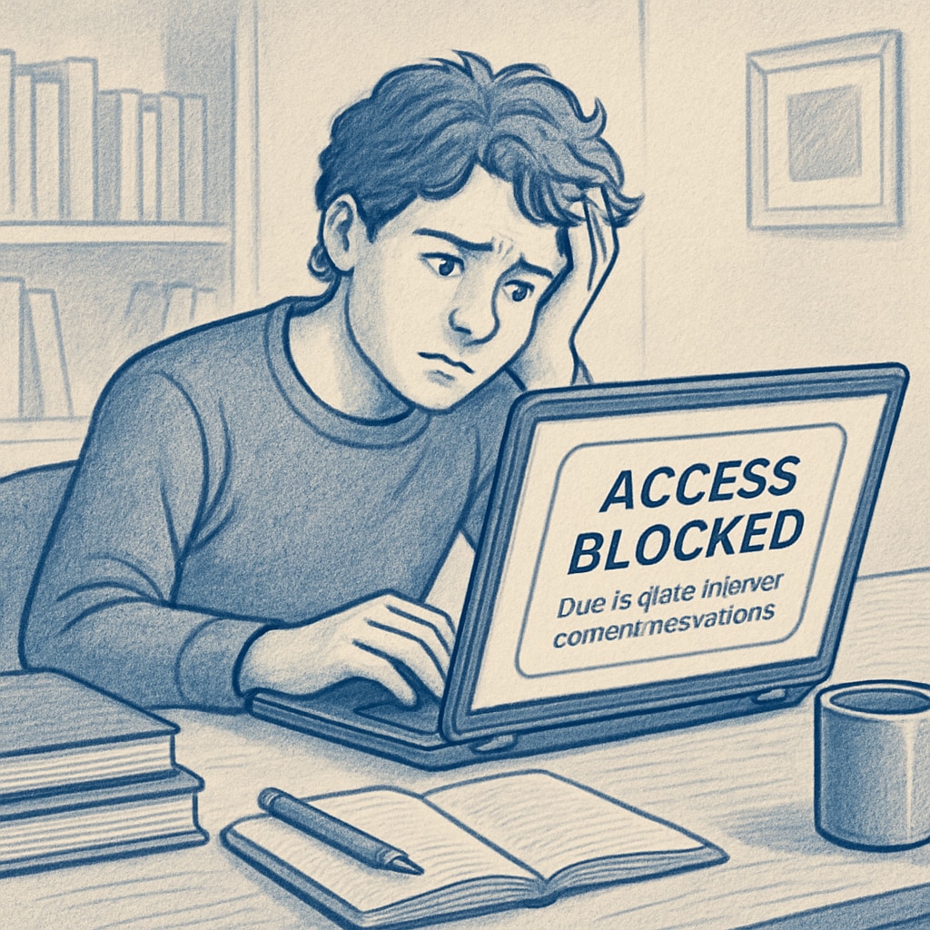 A student looking frustrated while attempting to access an online educational resource, blocked due to state-level internet content restrictions. Student frustrated by restricted access to educational websites