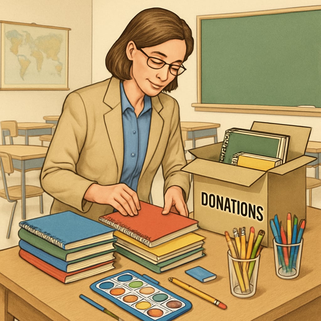 Teacher organizing donated teaching supplies, supporting classrooms.