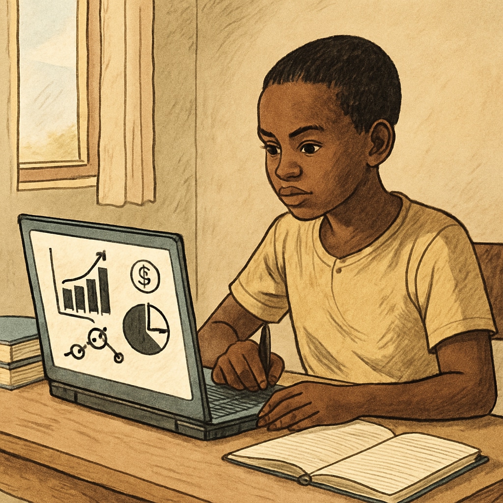 Financial education in Mali through self-learning, a young student on a laptop.