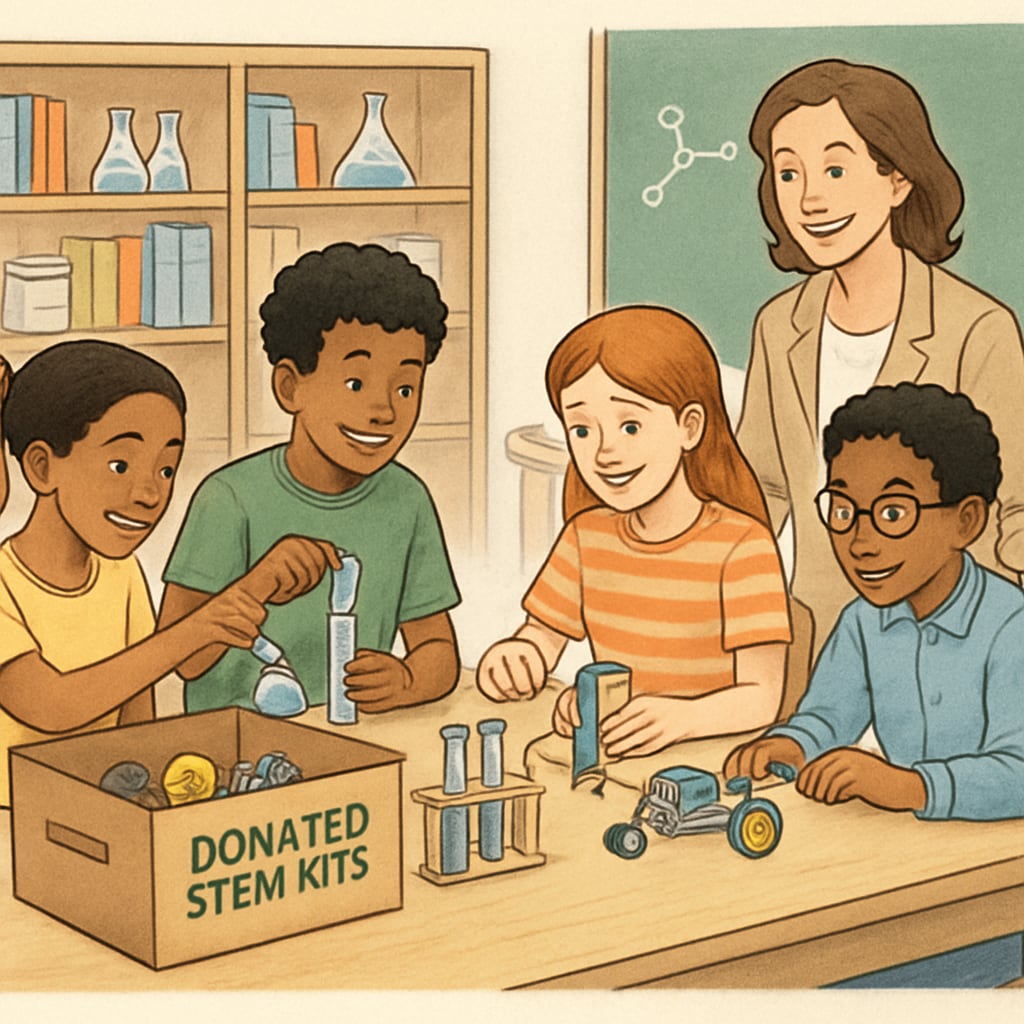 Students using STEM kits donated for classroom learning.