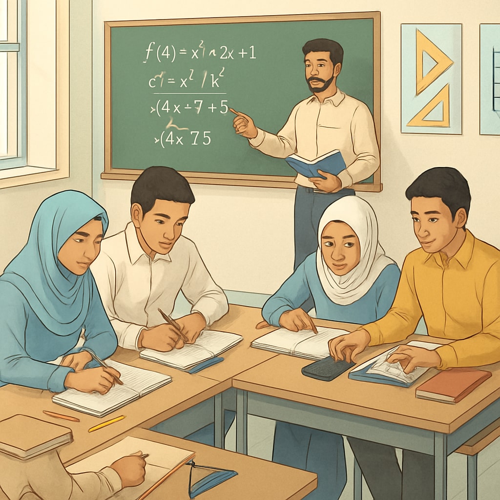 A classroom in an Arabic-speaking high school, showcasing students actively engaged in mathematics activities. Students in an Arabic-speaking classroom solving math problems together, highlighting teaching challenges.