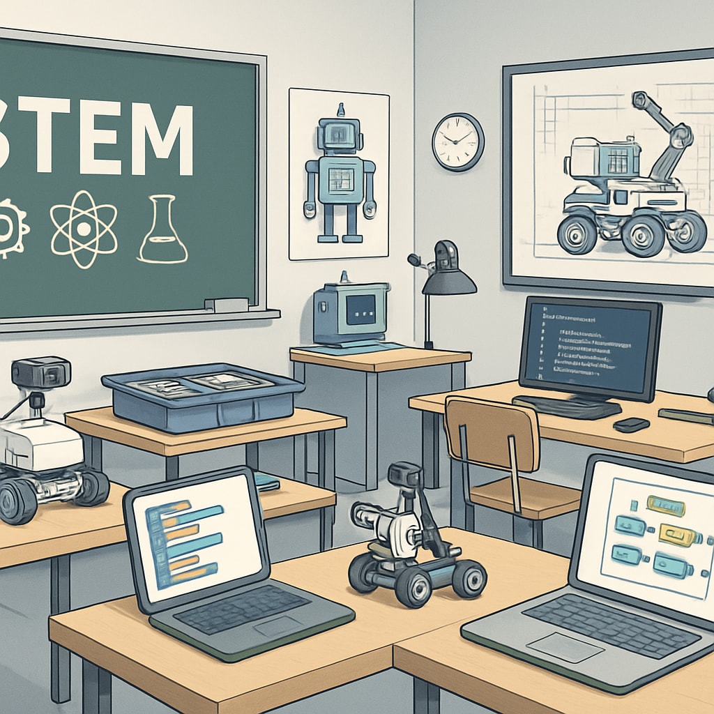 A classroom equipped with modern STEM learning tools, such as robotics kits and coding stations, linking education and engineering. STEM classroom showcasing education and engineering integration.