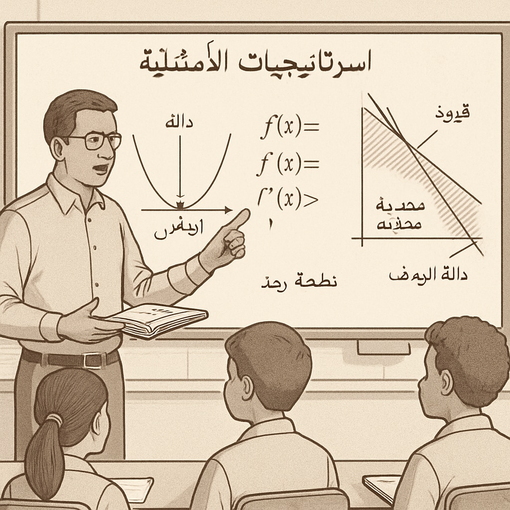 An educator using a digital whiteboard to explain mathematical concepts to students in Arabic, focusing on optimization strategies. An Arabic-speaking teacher using a digital whiteboard to simplify complex mathematical concepts.