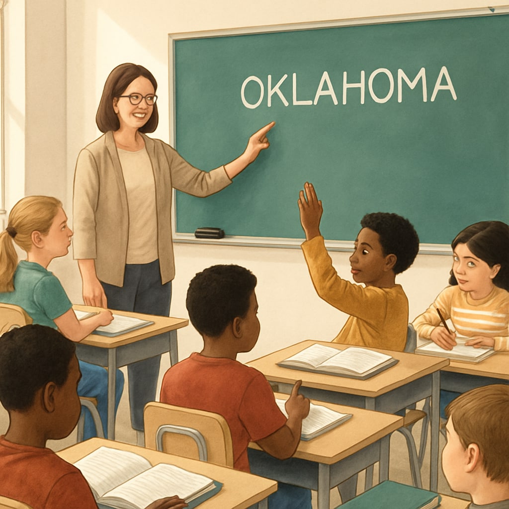 Classroom in Oklahoma with teacher-student interactions reflecting educational neutrality.