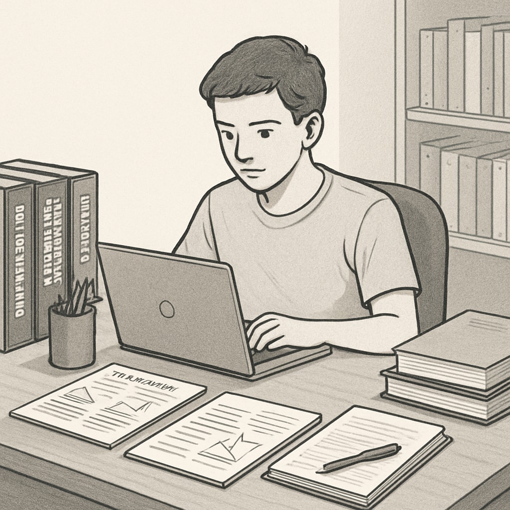 A student working on a laptop in a study space surrounded by engineering textbooks and educational research papers. Student balancing education and engineering studies.