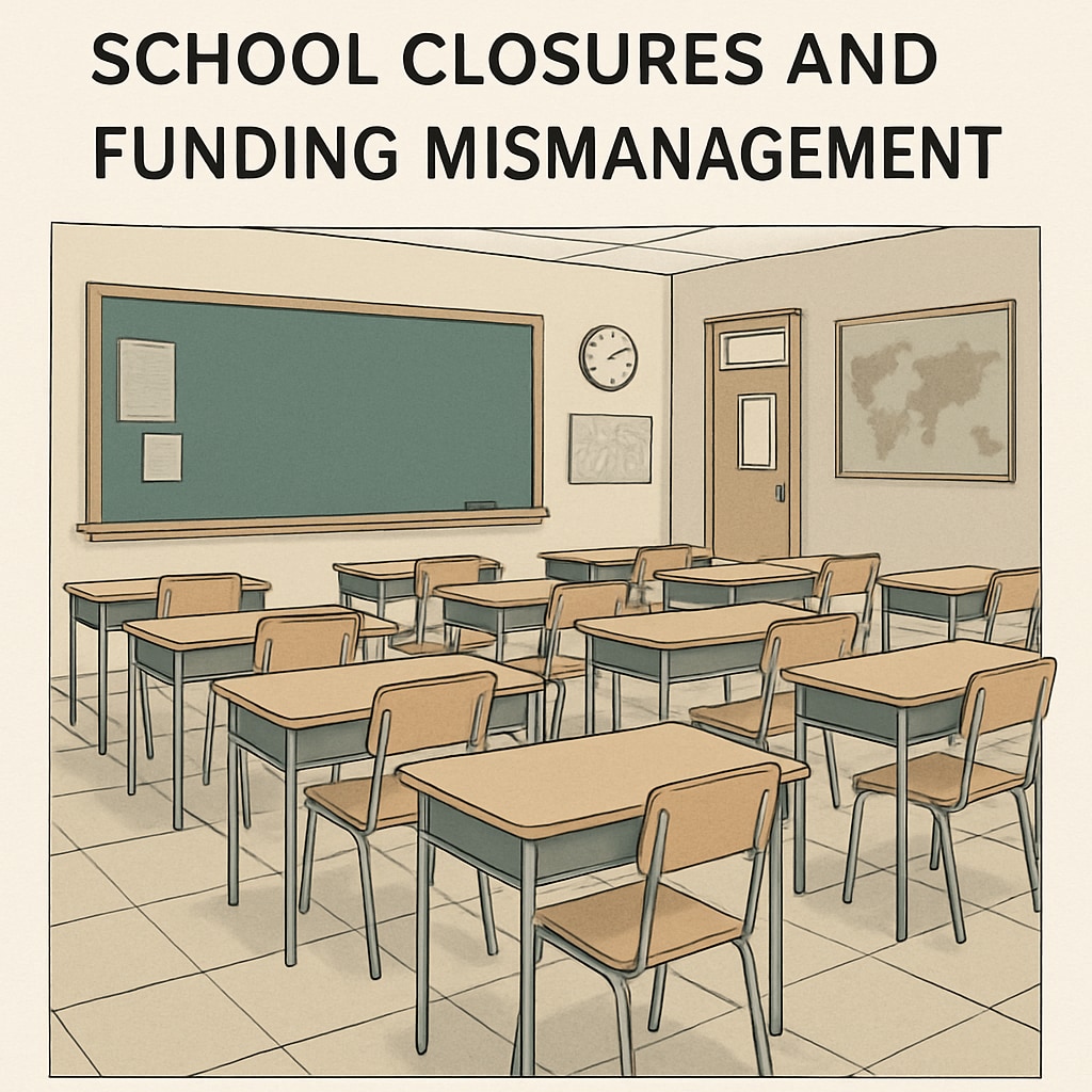 Empty classroom desks symbolizing the consequences of education funding privatization.