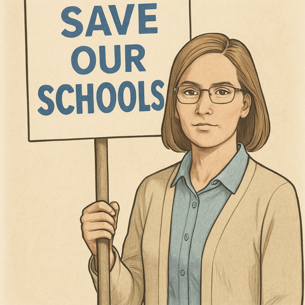 Teacher holding a protest sign urging resistance to education privatization.
