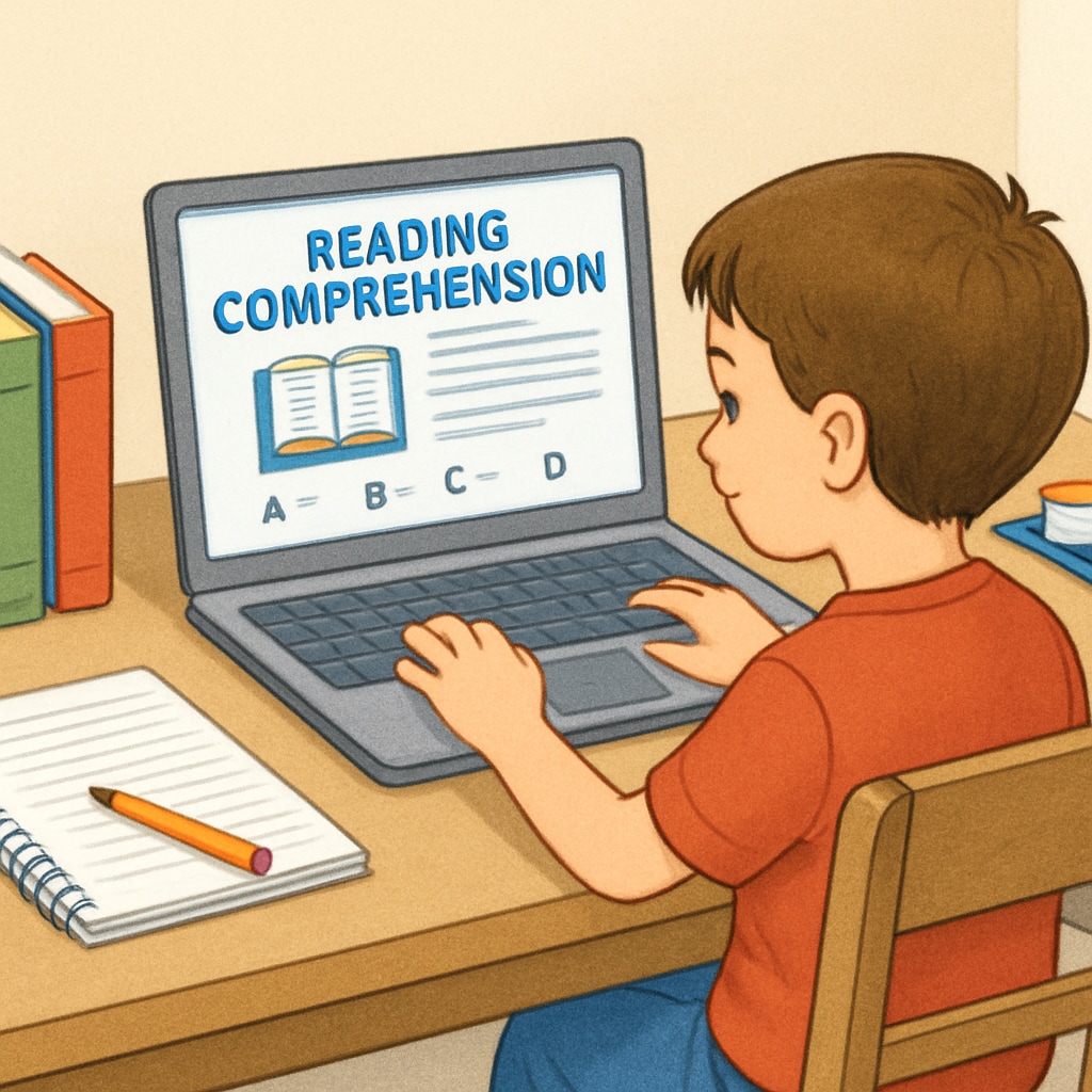 A child using a free online reading comprehension tool on a laptop, surrounded by books and a notebook. Child using a free reading comprehension tool on a laptop to substitute Accelerated Reader.