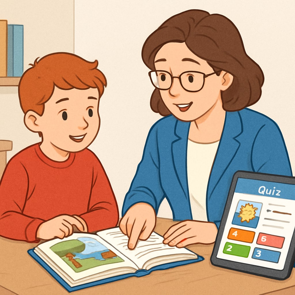 A teacher and child discussing a storybook, with a tablet showing a quiz interface in the background. Teacher helping a child with a storybook and online reading quiz as Accelerated Reader alternative.